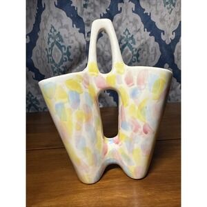 Vtg 1986 Handmade Studio Ceramic Double Vase Signed Pastel Easter Colors